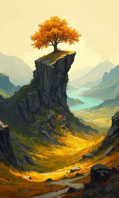 A vibrant landscape painting.
A solitary, large tree with an autumnal, golden-orange canopy sits atop a tall, isolated, dark-grey rock formation. The rock formation rises dramatically from a valley below, creating a dramatic focal point. The tree's roots and some lower branches are visible against the small patch of grassy terrain at the summit of the rock.
The valley spreads out below, filled with a mix of golden-yellow and green fields, and smaller hills. A body of water, likely a lake or river, winds through the valley. The surrounding mountains are a deep blue-green, suggesting distance and depth.
The sky is a blend of soft, light-yellow clouds and overcast grey-blue hues, with hints of sunlight and warm, golden-orange tones illuminating the scene.
The entire image has a painterly quality, suggesting a skilled artist's brushwork and attention to light and shadow, emphasizing the contrast between the tree and the rocks and the texture of the landscape., <lora:FLUX-daubrez-DB4RZ-v2:1> DB4RZ, DB4RZ style painting