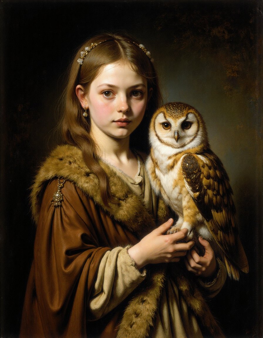 A young girl with large, expressive brown eyes stands holding a barn owl on her arm. She has long, light brown hair, styled simply with small floral hair accessories. Her face is calm, with a soft, porcelain-like complexion, and she is dressed in a vintage, detailed coat with a fur collar, in shades of brown and beige. The owl, perched on her arm, has strikingly detailed feathers with a mix of tawny and white patterns, and it gazes forward with large, glowing amber eyes. The overall tone of the image is realistic yet whimsical, with a dark, moody background that contrasts with the warm, earthy tones of the subjects.  <lora:flux_Oilstyle:1> <lora:FluxMythP0rtr4itStyle:0.7>