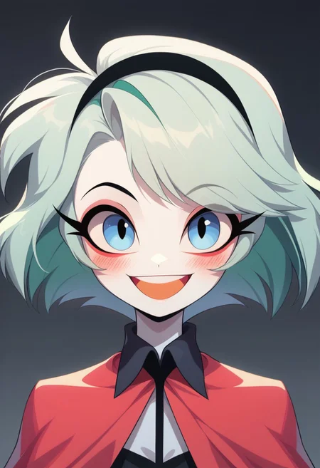 HCSV1,
1girl, solo, portrait, bangs, hairband, smile, teeth, blush, happy, green hair, short hair, blue eyes, open mouth, upper teeth, gradient background, looking at viewer, round teeth, eyebrows visible through hair, shirt, cape, collared shirt, black hairband