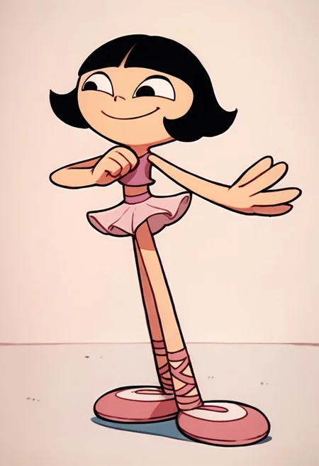 score_9, score_8_up, score_7_up BREAK LeeLeeDL, 1girl, black hair, bob cut, blunt bangs, black eyes, pink tutu, dancing ballet,
