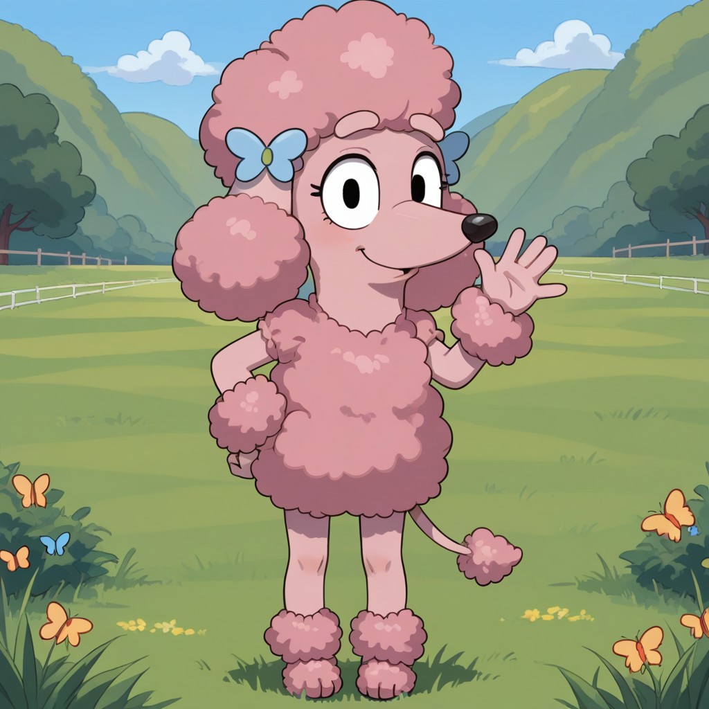 score_9, score_8_up, score_7, source_cartoon, Coco(B), Solo, 1girl, anthro, female furry, dog girl, poodle, pink fur, puffy fur, puffy hair, black eyes, dog ears, dog tail, butterfly hair pins, looking at viewer, full body, standing, smile, waving at viewer, grass field background,