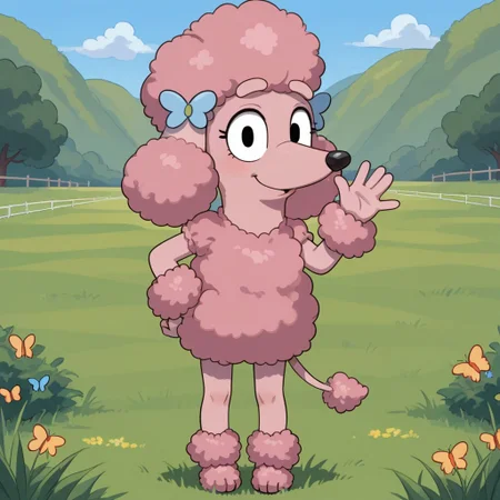 score_9, score_8_up, score_7, source_cartoon, Coco(B), Solo, 1girl, anthro, female furry, dog girl, poodle, pink fur, puffy fur, puffy hair, black eyes, dog ears, dog tail, butterfly hair pins, looking at viewer, full body, standing, smile, waving at viewer, grass field background,