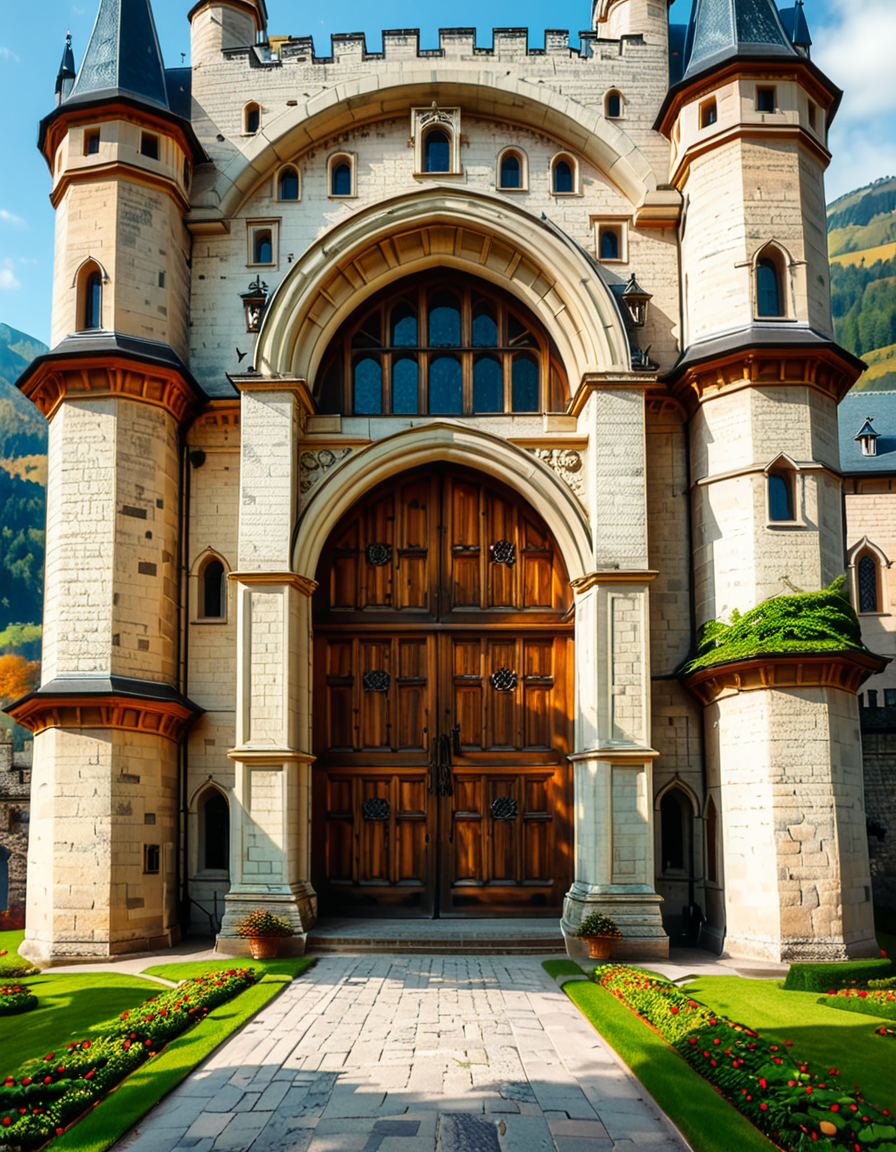 A highly detailed and realistic photograph of the massive entrance door of a medieval castle. The heavy wooden door is reinforced with large iron studs and intricate metalwork, set within a grand stone archway. The aged stone walls surrounding the entrance are weathered, covered in patches of moss and ivy, giving a sense of ancient history.
The cobblestone pathway leading to the door is slightly worn, with scattered fallen leaves and small tufts of grass growing between the stones. Above the entrance, a small, narrow window or arrow slit adds to the castleâs defensive design. The scene is illuminated by soft, natural light, casting shadows that highlight the textures of the stone and wood. The atmosphere is mysterious and majestic, evoking a sense of medieval grandeur.
<lora:SDXLFaeTastic2400:0.4> <lora:extremely_detailed:0.4> extremely detailed,  <lora:medieval_c4stl3_d00r:1>,medieval c4stl3 d00r, Masterpiece,best quality,hi res,8k,hi res,8k,award winning,(sharp focus, intricate, highly detailed),