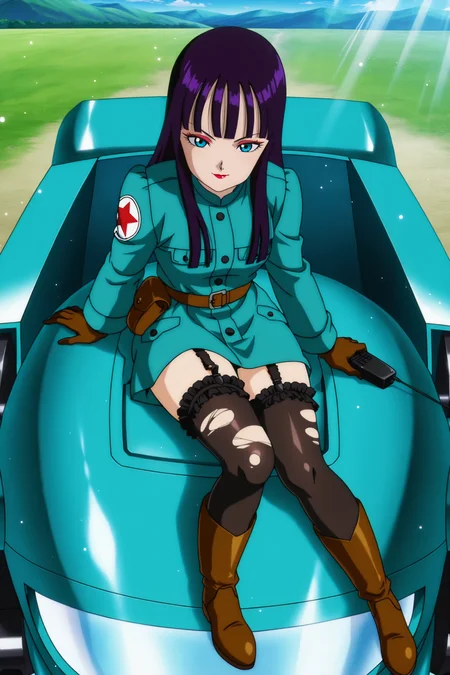 anime screencap, absurdres, high quality, official style,
agent mai, official style, 1girl, solo, purple hair, black hair, long hair, hime cut, big forehead, blue eyes, eyelashes, red eyeliner, lipstick, military uniform, long coat, teal topwear, print sleeves, star symbol, white print, brown gloves, brown belt, pouch, frilled thighhighs, garter belt, torn legwear, black thigh highs, boots, brown footwear, full body, sitting, robot, arm support, looking at viewer, holding walkie-talkie, smile, blue sky, mountainous horizon, v-shaped eyebrows, dappled sunlight, day, light rays, light particles,
<lora:Mai_IL:0.8>