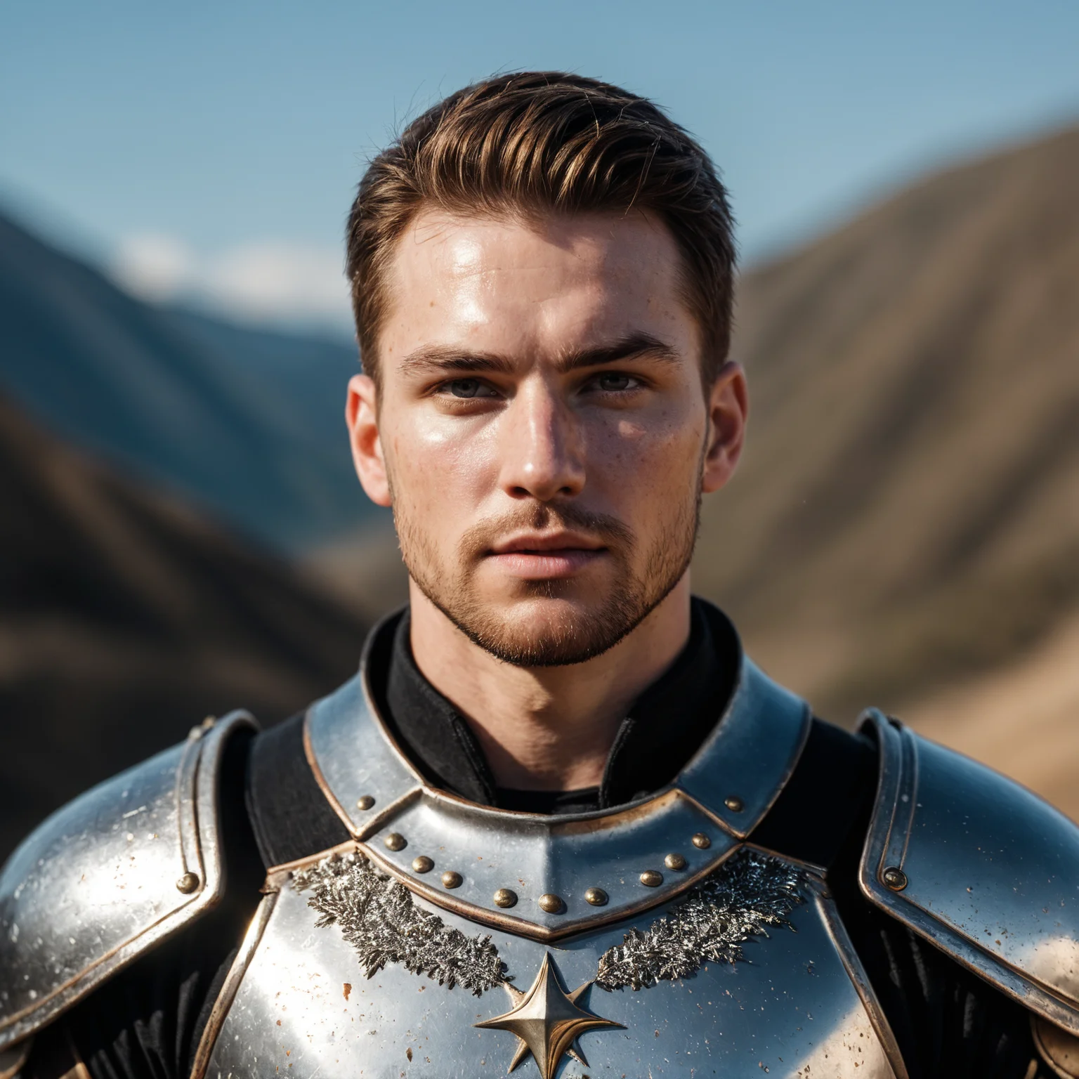 RAW photo, full body hero shot from the front of of a ((male)) 30 year old warrior, wearing shiny metal armor, (high detailed skin:1.2), 8k uhd, dslr, soft lighting, high quality, film grain, Fujifilm XT3
focus on eyes, spotted light on his face, face towards sun, light on face, sun on face, backlit, rim light, focus on eyes, clear eyes, shiny eyes, glittering eyes, light reflections in his eyes, winter white skin, pale skin, dry skin, clear skin, (oiled skin:0.01), blush, flushed cheeks, visible skin detail, skin pores, imperfect skin, skin blemish, few freckles, skin fuzz, beauty spot, moles <lora:polyhedron_all_sdxl-000004:0.1>
((background is an old fisher town))