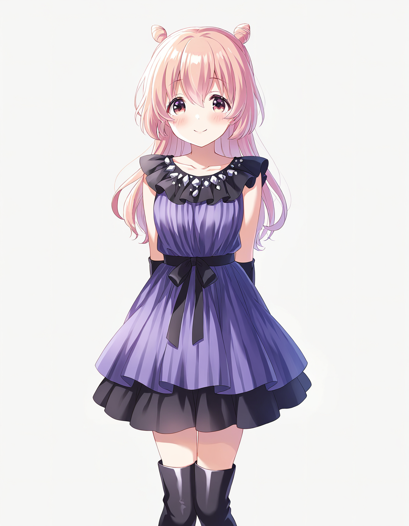 1girl, solo, cowboy shot, akazaki kokoro, idoly pride, purple idol costume, thigh boots, standing, arms behind back, looking at viewer, smile, blush, (simple background, white background), BREAK, <lora:iKokoro:0.72>,
very aesthetic, high definition, amazing quality, masterpiece, best quality, highres, absurdres, sensitive, newest, anime screenshot, screencap