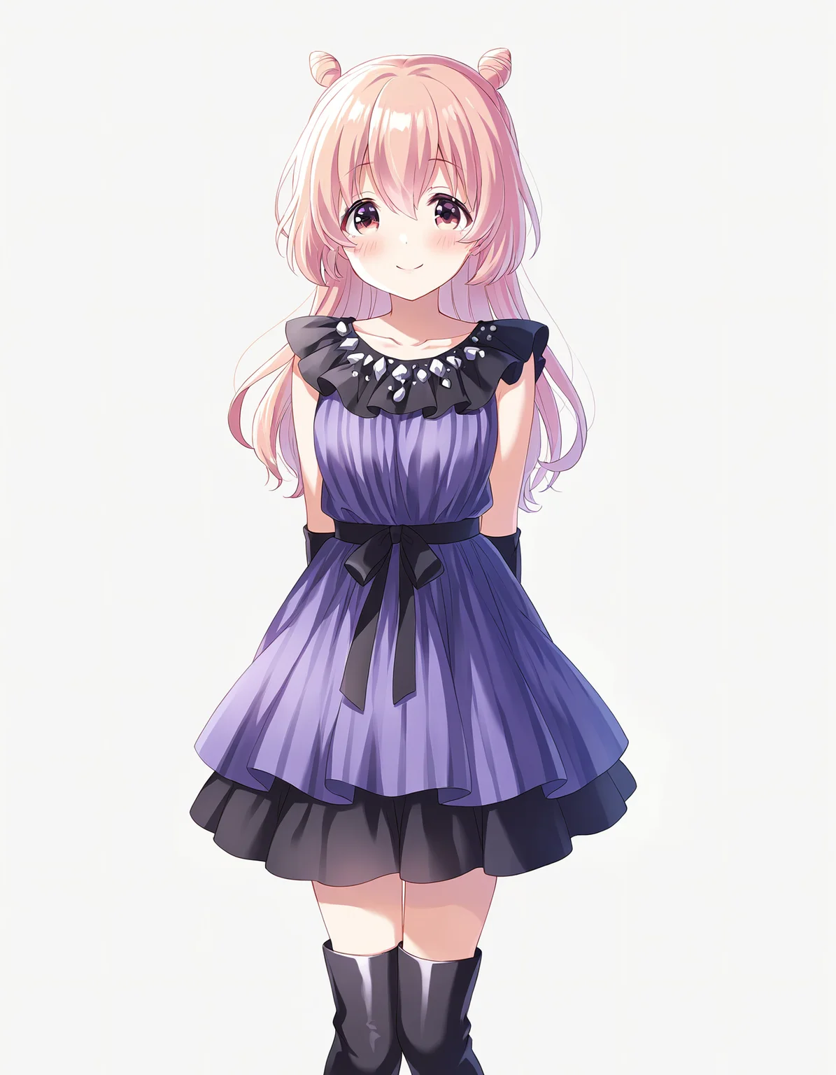 1girl, solo, cowboy shot, akazaki kokoro, idoly pride, purple idol costume, thigh boots, standing, arms behind back, looking at viewer, smile, blush, (simple background, white background), BREAK, <lora:iKokoro:0.72>,
very aesthetic, high definition, amazing quality, masterpiece, best quality, highres, absurdres, sensitive, newest, anime screenshot, screencap