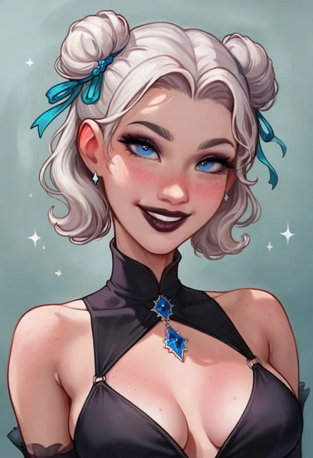 score_9, score_8_up, score_7_up, masterpiece, best quality, detailed face, detailed eyes, rmsns BREAK 1girl, slim, delicate features, sensual glare, smile, pale skin tone,  blue eyes, makeup, dark lipstick, regal dressing, fur trimmed black dress, white hair with two buns, (hands down), BREAK half-sideways view, medium shot, BREAK simple background