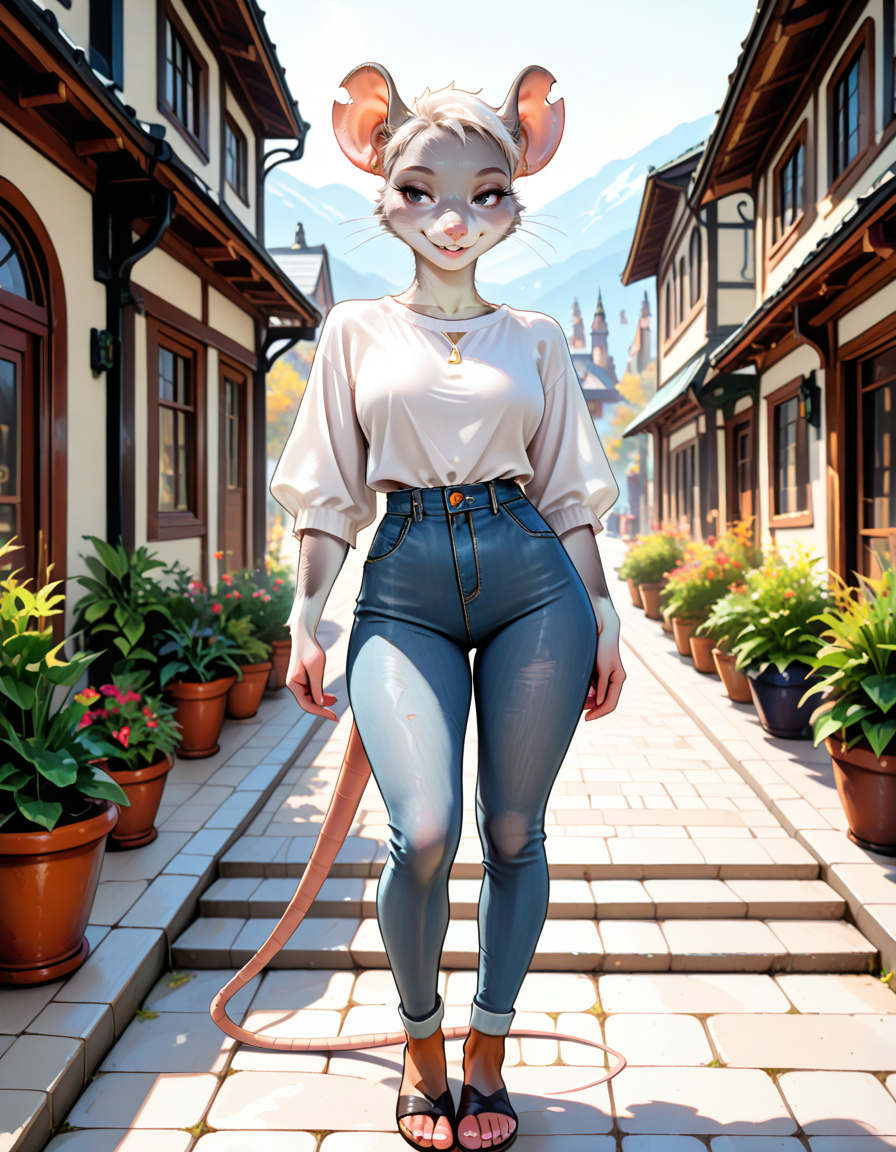 masterpiece, best quality, very aesthetic, absurdres,
outdoors, casual, 
full body, standing, posing, 
seductive smile, parted lips, long eyelashes,
<lora:Amelia_v01_NAIXL:1>
Amelia,1girl,solo,furry,female,mouse girl,mouse ears,notched ear,white hair,very short hair,black eyes,snout,buck teeth,whiskers,body fur,grey fur,mouse tail,