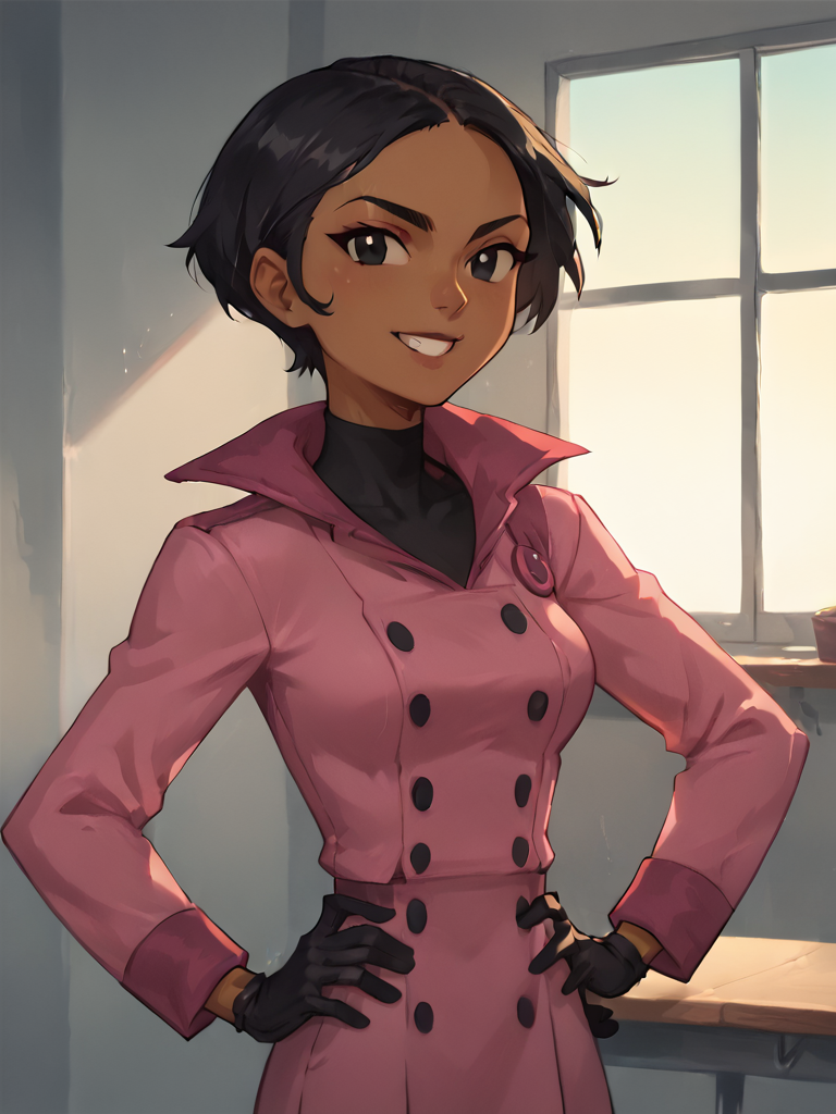 <lora:BritPony1.3:0.75> brit, solo, 1girl, black hair, short hair, dark-skinned female, black eyes, pink jacket,black,black gloves, buttons,upper body,standing, hand on own hip, breasts,      score_9, score_8_up, score_7_up, score_6_up, score_5_up, score_4_up, smile, indoors, looking at viewer,  <lora:Smooth Anime Style LoRA XL:1>