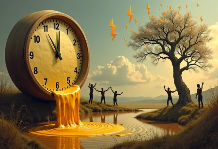 A melting clock drips into a pool of liquid gold, while faceless figures with outstretched hands desperately grasp at floating, electrified tiny lightning bolt icon  symbols. In the distance, a giant ear grows from the ground, listening to the silent pleas of a twisted tree, its branches forming words in the air.