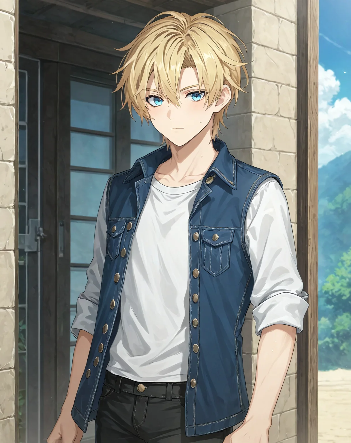 score_9, score_8_up, score_7_up, original style, depth of field, BREAK, rating_safe, 1boy, solo, yaoi, male focus, cowboy shot, skinny, <lora:brammashell_pony:1> brammashell_gc, blonde hair, blue eyes, short hair, hair between eyes, bangs, casual, pants, looking at viewer, facing viewer, outdoors, day,<lora:sdxl_lightning_8step_lora:1> <lora:xl_more_art-full_v1:0.5> <lora:Pony_DetailV2.0:1> <lora:Pony_QualityV4.0:1>