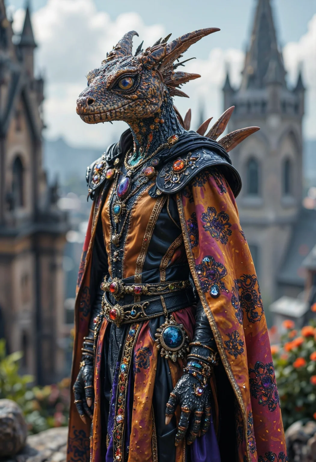 A full-body portrait of an extraordinary Fabergé-inspired Argonian modelâa reptilian-human hybrid with intricate filigree patterns covering its scaled skin, adorned with ornate outlines of Swarovski crystals that catch the light with a mesmerizing sparkle. The model stands tall, draped in luxurious, regal robes that shimmer with hues of bright orange, deep purple, and fiery red, while black and blue accents enhance the mystery and depth of their form. Its face is rendered in hyper-detailed sorrow, with scales and jewels accentuating the emotional expression. Behind the model, an elaborate, fantasy cityscape unfolds in soft focus, with towering spires and ancient stone structures, bringing a Dungeon-and-Dragons-like atmosphere to the background. The artwork combines intricate, hypermaximalist detail, blending Carne Griffiths' organic flow, Greg Rutkowskiâs magical realism, and Magali Villeneuveâs narrative depth. Rendered in 8k with Zbrush, Unreal Engine 5, and Octane HD at 64 megapixels, this photorealistic image captures every sparkling facet and sorrowful expression, as if crafted in the digital mastery of CryEngine.<lora:Flux.1_Turbo_Detailer.safetensors:0.7000000000000001:0.7000000000000001> <lora:Translucent_Colored_Glass_v02.safetensors:0.2:0.2>
