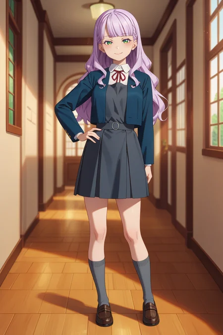 <lora:margarete_izo:0.8>
score_9, score_8_up, score_7_up, 1girl, solo,
margarete, long hair, light purple hair, green eyes,
medium breasts, yuigaoka school uniform, winter uniform, long sleeves open blue jacket, sleeveless grey pinafore dress, red neck ribbon, white collared shirt, grey socks, brown loafers,
seductive gaze, bedroom eyes, closed mouth, loving smile,
blush, looking at viewer, standing, contrapposto, full body, hand on hip, peace sign, cute pose,
hallway, blurry background,
