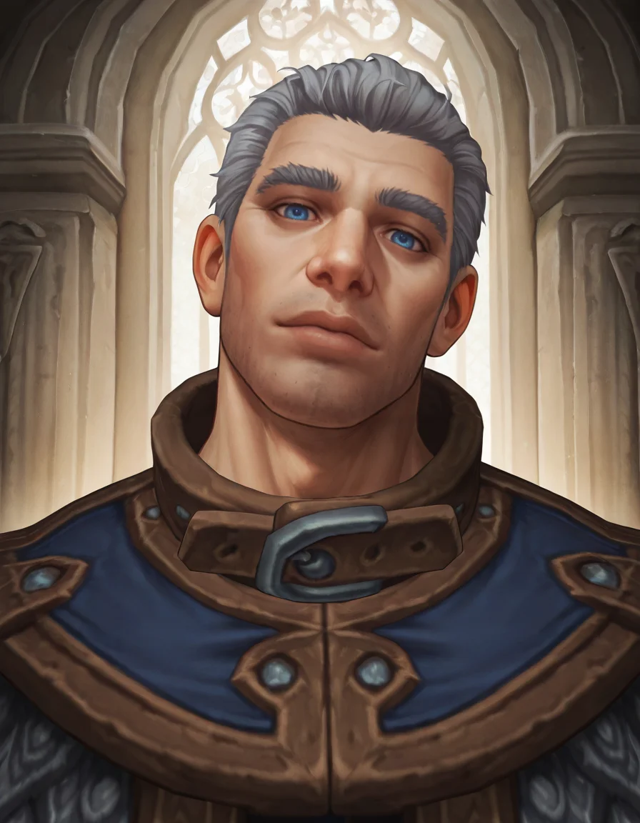 masterpiece, best quality, newest, perfect quality, intricate details, detailed background, male focus, cartoon, solo, <lora:World Of Warcraft - Archmage Khadgar - Illustrious-000006:0.7> wow_khadgar, 1boy, mature male, grey hair, short hair, blue eyes, stubble, robe, head tilt, looking at viewer, head tilt, portrait