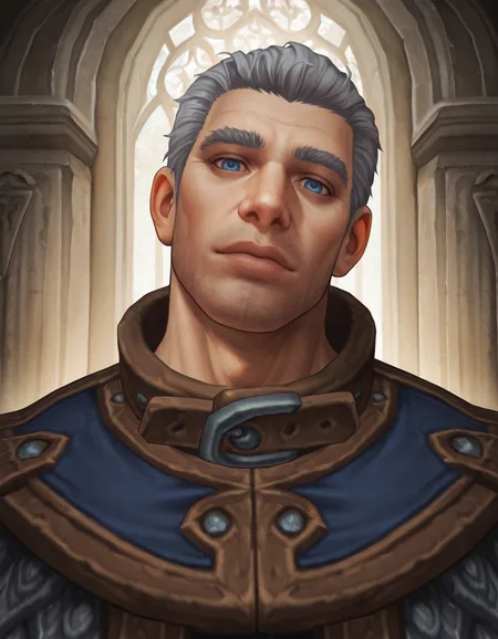 masterpiece, best quality, newest, perfect quality, intricate details, detailed background, male focus, cartoon, solo, <lora:World Of Warcraft - Archmage Khadgar - Illustrious-000006:0.7> wow_khadgar, 1boy, mature male, grey hair, short hair, blue eyes, stubble, robe, head tilt, looking at viewer, head tilt, portrait
