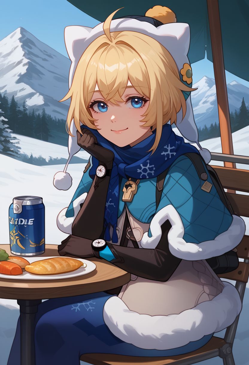 score_9, score_8_up, score_7_up, source_anime, 1girl, lynxlandaudef, 1girl, blue eyes, blonde hair, short hair, ahoge, hat, blue scarf, fur trim, fur-trimmed capelet, blue capelet, white jacket, winter clothes, blue pantyhose, snowflake print, black elbow gloves, watch, fur-trimmed boots, bag, can, sitting, on chair, table, head rest, smile, closed mouth, looking at viewer, portrait, close-up, upper body, facing viewer, tent, outdoors, snow, mountain, fish, food, <lora:LynxLandau_v1-000010:1>