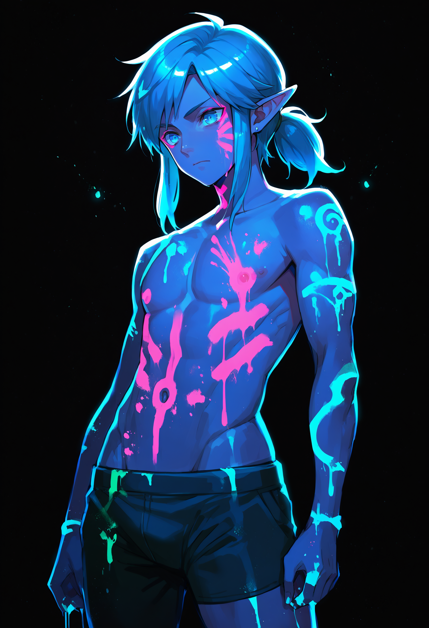 score_9, score_8_up, score_7_up, score_6_up, source anime,
ultraviolet, 1boy, solo, paint splatter, bodypaint, black background, glowing skin, backlighting,
Link
 <lora:ultraviolet_raver_reg_v10:1>