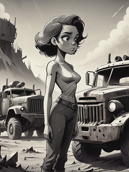 black and white vintage cartoon of 2d artwork, concept art, upper body, a woman on watelands, dust,  rusted heavy vehicles on the background, artistic approach, post apocalytic aesthetics,  <lora:BW_Vintage_Cartoon:0.8>