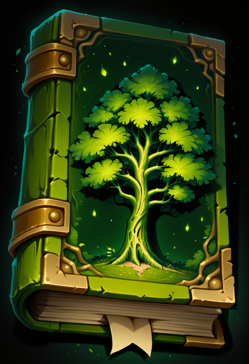 masterpiece, best quality, no humans,   CitronsGrimoires, simple background, black background, green theme, nature, tree, green book,  ,<lora:CitronsGrimoiresIXL:1.0>,