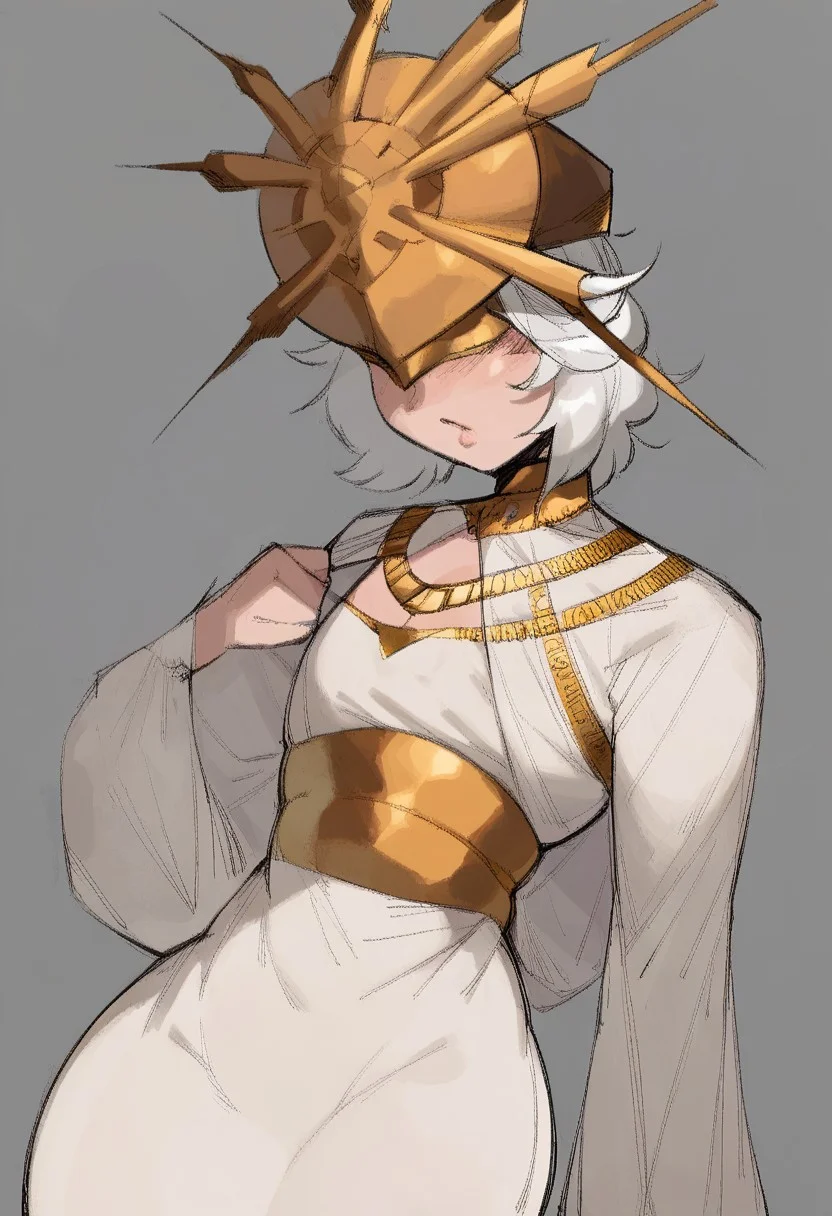 score_9, score_8, score_7, 1boy, femboy, flat chest, solo, exposed stomach, thin waist, big ass, Gwyndolin,white hair,flat chest,gold mask,covered eyes,
gold jewelry,white dress,long sleeves,