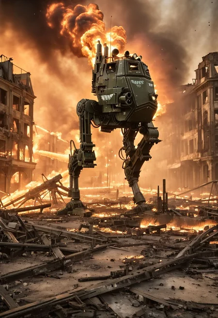 a photo of giant military walker in a war-torn city in ruins, sentnlsw, mecha, military, visible trails of machine gun bullets over the scene, with some areas engulfed in fire and smoke, composition with a dominant focal point and secondary elements.