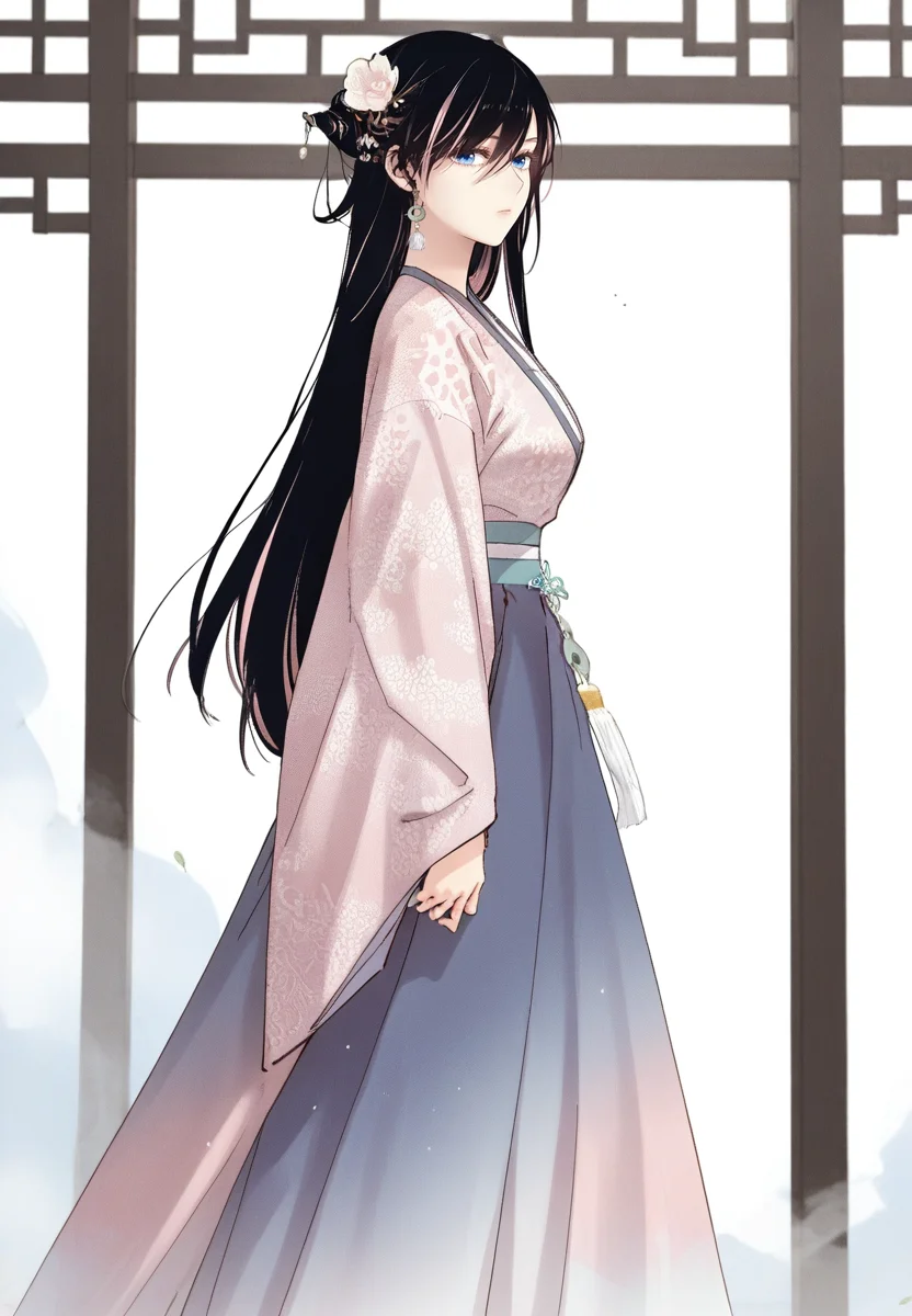 zPDXL3, score_9_up, score_8_up, score_7_up, (Anime_source),Masterpiece,(perfect female body:1.2), small waist, (incredibly detailed:1.4), slim, beautiful fingers, beautiful white skin, Beautiful clear skin, (large breasts:1.4) looking at viewer, from side, big breasts, ass, perfect ass, nayerin, 1girl, black hair, pink hair, multicolored hair, blue eyes, long hair, hair ornament <lora:Na_Yerin_-_Masters_of_Lightning_Knives-Kaleid_PONY:0.9>, hair flowers, expressionless, chinese clothes, (facing viewer:1.5) standing, long dress
