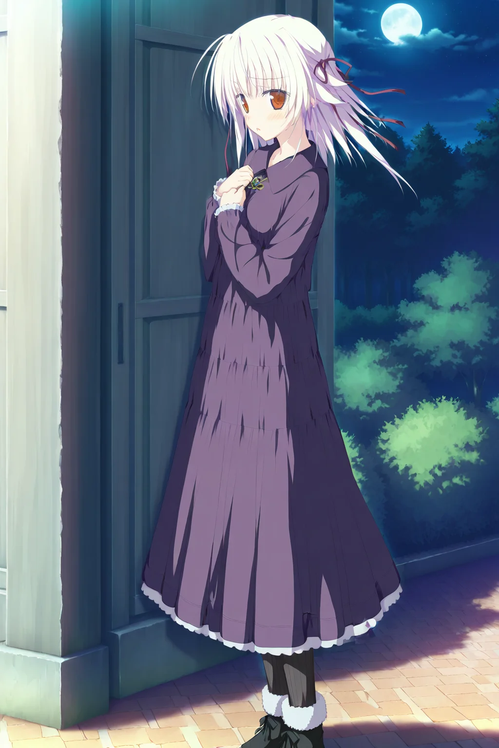 masterpiece,best quality,good quality,rating safe,memoriayume, ototsu_yume,hoshizora no memoria, 1girl, solo, white hair, long hair, hair ribbon, ribbon, red eyes, bangs, long sleeves, purple dress, black pantyhose, striped, black footwear,game cg,standing,looking at viewer,outdoor,blush,upper body,from side,moonlight
