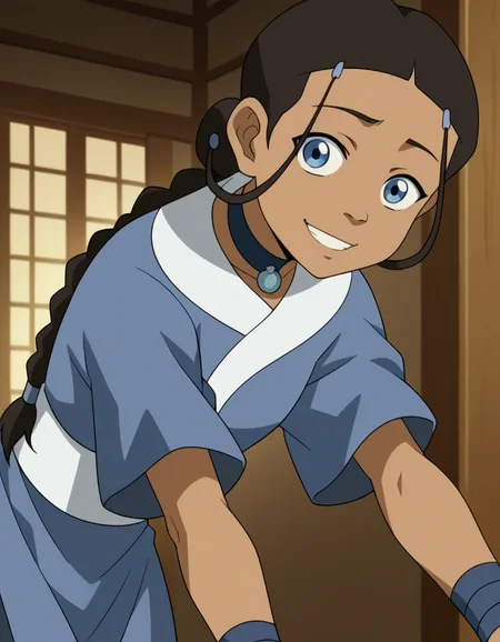 score_9, score_8_up, score_7_up, source_anime, <lora:katara-book2-ponyxl-lora-nochekaiser:1>, katara, long hair, blue eyes, brown hair, black hair, hair ornament, hairclip, braid, single braid, braided ponytail, dark skin, dark-skinned female, choker, short sleeves, robe, blue robe, sash,, indoors, bent over, smile, looking at viewer, solo, cowboy shot, dutch angle