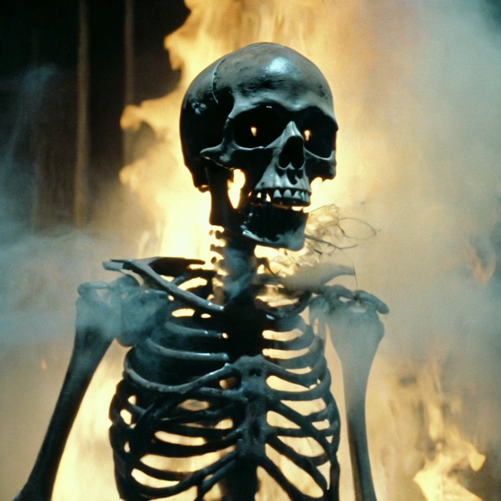 Horror-themed,  <lora:Fright Night 1985 Film Style:1>
Cinematic Medium Shot Film Footage captured by Panavision Cameras and Lenses a creepy looking skeleton melting sticky creature with smoke coming out of it staring at camera in a dark room with perfect light on, Fright Night 1985 Film Style, Eerie, unsettling, dark, spooky, suspenseful, grim, highly detailed