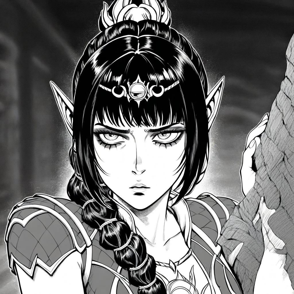 masterpiece, best quality, newest, absurdres, highres, EMPILV1.0, manga, monochrome, greyscale, 1girl, shadowheart \(baldur's gate\), long braid, elf, pointy ears, black hair, braid, side bangs,