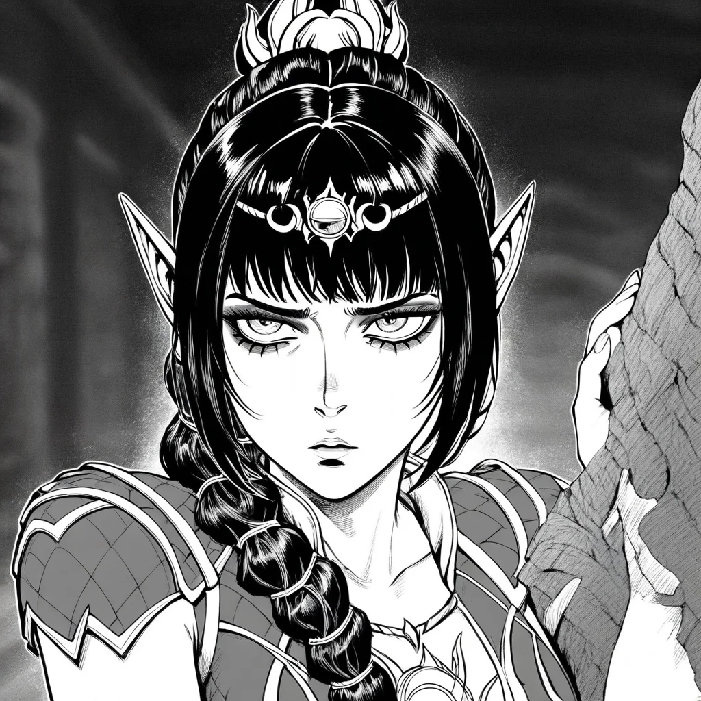 masterpiece, best quality, newest, absurdres, highres, EMPILV1.0, manga, monochrome, greyscale, 1girl, shadowheart \(baldur's gate\), long braid, elf, pointy ears, black hair, braid, side bangs,