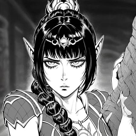 masterpiece, best quality, newest, absurdres, highres, EMPILV1.0, manga, monochrome, greyscale, 1girl, shadowheart \(baldur's gate\), long braid, elf, pointy ears, black hair, braid, side bangs,