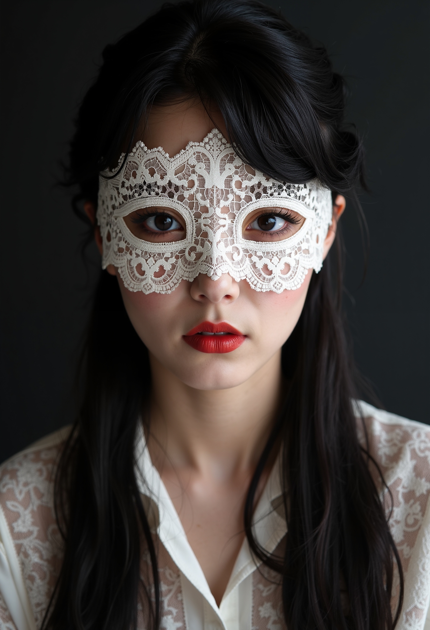 japanese woman with vintage long hairstyle and classic makeup, high contrast lighting, clo012, wearing a white lace eye mask with delicate, symmetrical patterns, and a lace shirt