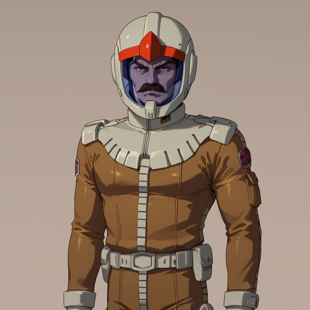 score_9, score_8_up, score_8, solo, adult, <lora:Zeon_Pilot_Mobile_Suit_Gundam_Pony_SDXL:1>, zeon pilot, brown flight suit, 1 man, standing, helmet, mustache, blue visor ramba ral