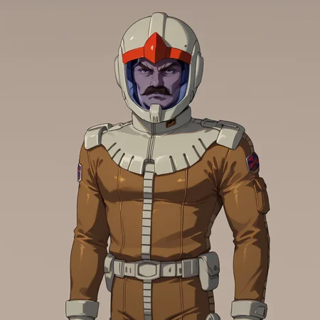 score_9, score_8_up, score_8, solo, adult, <lora:Zeon_Pilot_Mobile_Suit_Gundam_Pony_SDXL:1>, zeon pilot, brown flight suit, 1 man, standing, helmet, mustache, blue visor ramba ral