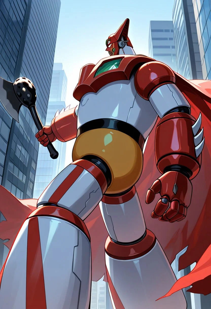 score_9, score_8_up, score_7_up, score_6_up, score_5_up, score_4_up, 4k quality, detailed, dramatic lighting, (getter robo, super robot, mecha), solo, 1boy, axe, holding axe, red cape, (no humans), best quality, masterpiece, in city, bright sunny day, ((side profile)), looking at viewer