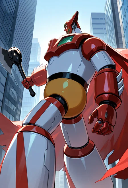score_9, score_8_up, score_7_up, score_6_up, score_5_up, score_4_up, 4k quality, detailed, dramatic lighting, (getter robo, super robot, mecha), solo, 1boy, axe, holding axe, red cape, (no humans), best quality, masterpiece, in city, bright sunny day, ((side profile)), looking at viewer