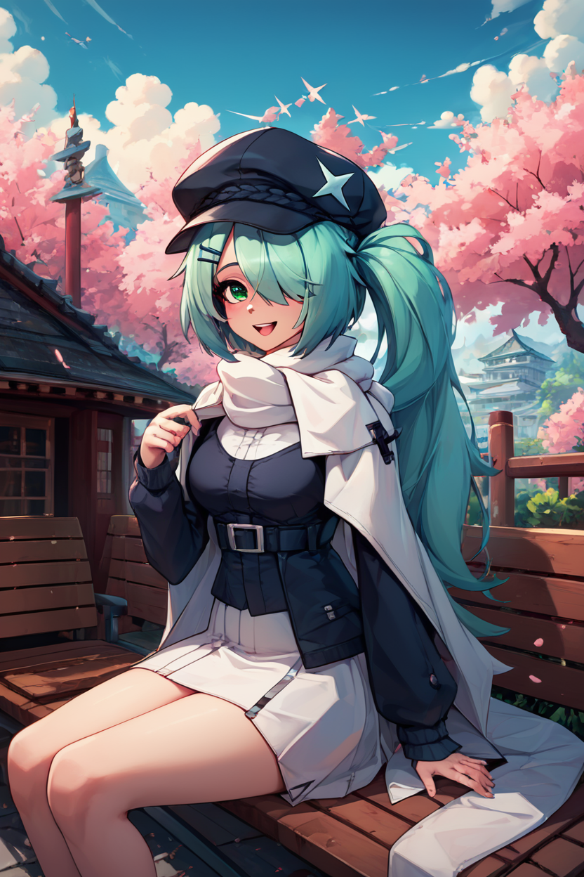 score_9, score_8_up, score_8, medium breasts, (curvy), cute, eyelashes,       BREAK, , ,,,  zzHiyori, long hair, hair over one eye, side ponytail, hairclip, hair ornament, aqua hair, green eyes, black headwear, hat, cabbie hat, long sleeves, white skirt, belt, white scarf, <lora:Hiyori_BlueArchive_PDXL_v2:0.8>,   ,,,, BREAK, sitting on bench, side view, smile, looking at viewer, cowboy shot,  ,,, BREAK, pnkBldng, sky, day, cloud, tree, blue sky, building, architecture, east asian architecture,  ,,, BREAK, embedding:zPDXL, Expressiveh,  ,,, <lora:PinkBuildingsPDXL_v2:0.6>, <lora:SDXLFaeTastic2400:0.5>, <lora:Expressive_H-000001:0.4>