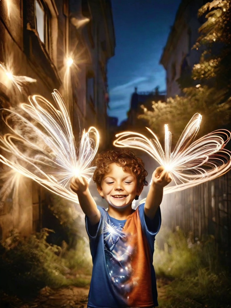 ral-exposure,a little french boy painting light trails in the air with a sparkler,smiling,outdoors,<lora:ral-exposure:1>