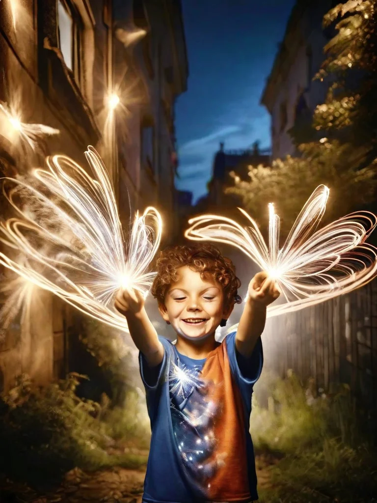 ral-exposure,a little french boy painting light trails in the air with a sparkler,smiling,outdoors,<lora:ral-exposure:1>
