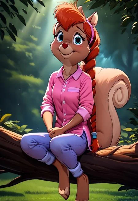 score_9, score_8_up, score_7_up, (best quality:1.1), ultra-detailed, great quality, anthro, high resolution, (((8k))), 1girl, squirrel, squirrel girl, day time, squirrel ears, shy smile, front view, Tammy Squirrel, natural light, detailed sun rays, summer, braided hair, daytime, looking at viewer, BREAK., highly detailed background, (forest:1,4), sitting on tree brunch, holding upper tree brunch by hands, detailed squirrel legs, detailed barefoot, pink shirt, blue pants, highly detailed face, (very detailed face:1.4), fluffy fur