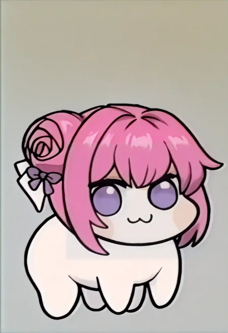 masterpiece, best quality, solo, looking at viewer, <lora:FeOVA_GLoRA-illus_Fp:1>, retro artstyle, <lora:doro_xypher_ixl_v1:1>, doro, :3, chibi, no pupils, solid circle eyes, full body, white skin, all fours, dorothy \(nikke\), pink hair, purple eyes, single side bun, hair bow, purple ribbon