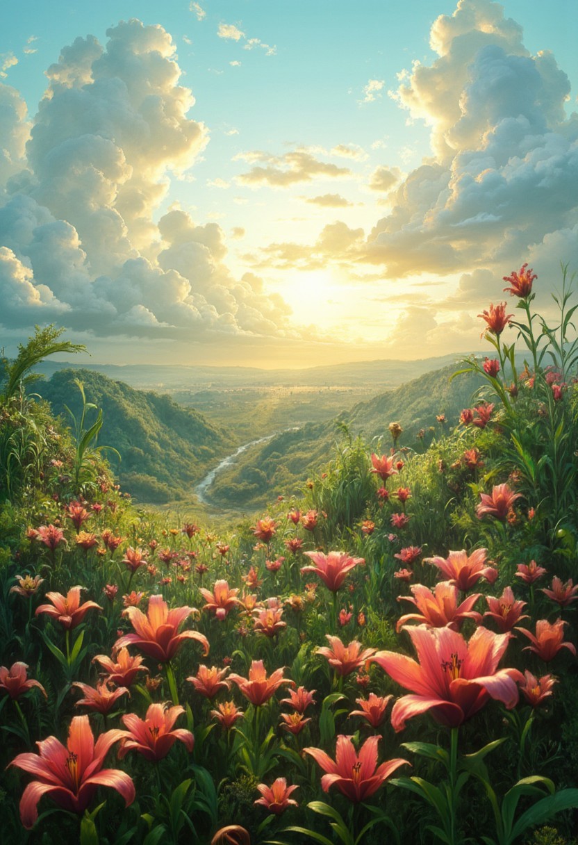 detailed background, from above,( Calm spring morning landscape), beautiful view, Flower Field, lily flower in full bloom, lily flower, early morning, sunrise sky, beautiful clouds, dappled sunlight, 
I can see a windmill in the distance, 
depth of field, masterpiece, best quality, ultra-detailed, very aesthetic, illustration, perfect composition, intricate details, absurdres, moody lighting, wisps of light, no humans,