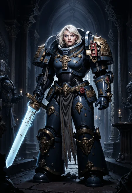 GreyK40k, female space marine wearing a chined power armor, her long hair is white, she's holding a glowing sword, she is standing in a dark cathedral <lora:FluxGreyK40k:0.9>  <lora:FluxMythP0rtr4itStyle:0.7>