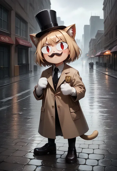 score_9, score_8_up, score_7_up,score_6_up,source_photorealistic,photorealism,professional cinematography,high quality lighting,film grain,blonde hair,skindentation,chibi, 1girl,red eyes, slit pupils, cat ears, :3,solo,necoarc,top hat,moustache,trench coat,outdoors,rainy,rain,city,cobblestone street,gloomy,brick buildings