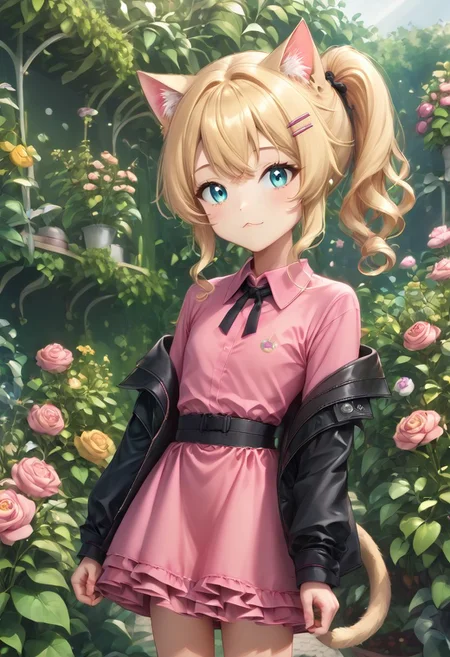 anime art. catgirl with blonde hair, blue eyes, pink shirt, hairclip, flat chest, cute pink dress, black jacket, cat tail, botanical garden in park