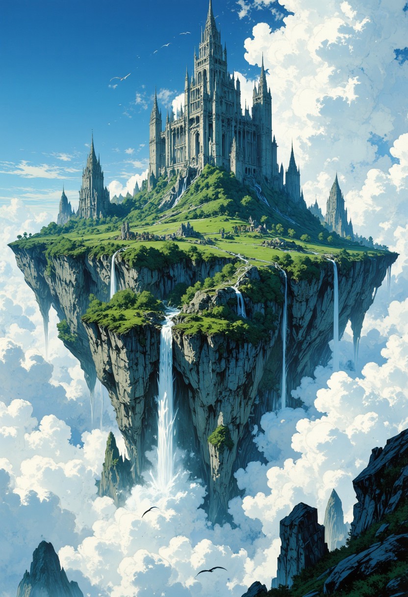 A  floating island landscape. The island is massive, with lush green terrain and jagged mountain peaks. Waterfalls cascade from the edges, creating a misty atmosphere as they descend into the clouds below. The sky is filled with fluffy white clouds, and the sunlight casts a serene glow over the scene. The island appears to be suspended in the sky, surrounded by a vast expanse of blue. Birds are seen flying around the island, adding a sense of scale and movement to the composition. The overall color palette is dominated by greens, blues, and whites, creating a tranquil and otherworldly ambiance.