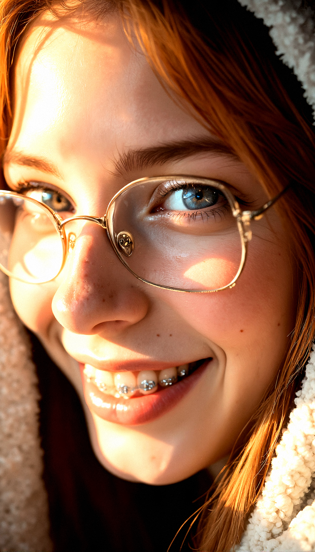 A close-up side profile of a 18 years old ginger woman’s face under a blanket, with warm, golden sunlight highlighting her features.Wearing clear under-rim eyewear, Smile brightly wth her mouth slightly open revealing her extremely intricate dental braces detail Detailed, natural freckles that add character and depth to the face.Soft Fabric Texture,Fine Hair Detail,Furrowed Brow Detail,Eyelash Detail, bright Eye Texture, Crease Detail, Soft Under-eye Shadow, glittering dental braces detail, 