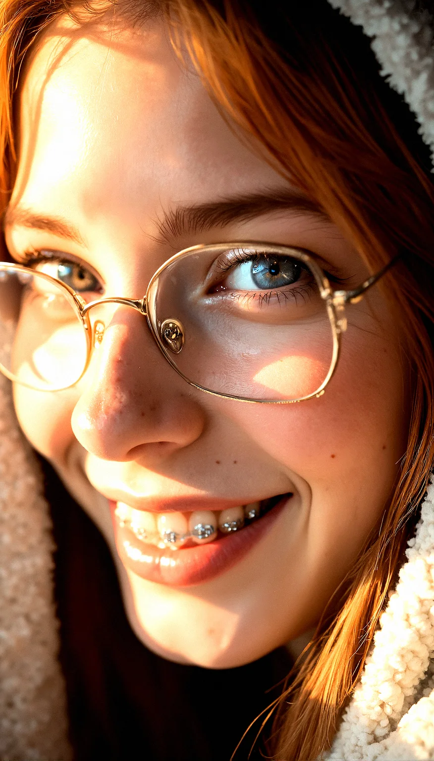 A close-up side profile of a 18 years old ginger woman’s face under a blanket, with warm, golden sunlight highlighting her features.Wearing clear under-rim eyewear, Smile brightly wth her mouth slightly open revealing her extremely intricate dental braces detail Detailed, natural freckles that add character and depth to the face.Soft Fabric Texture,Fine Hair Detail,Furrowed Brow Detail,Eyelash Detail, bright Eye Texture, Crease Detail, Soft Under-eye Shadow, glittering dental braces detail, 
